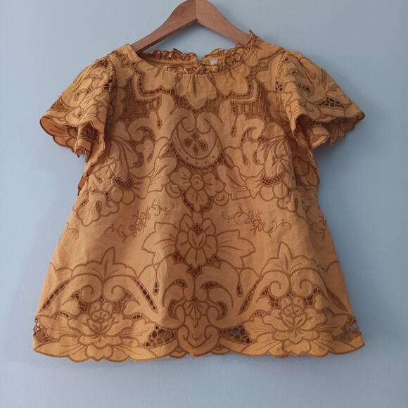 Anthropologie Canary Orange Ruffle-Collar Lace Cutout Blouse M - Picture 3 of 9